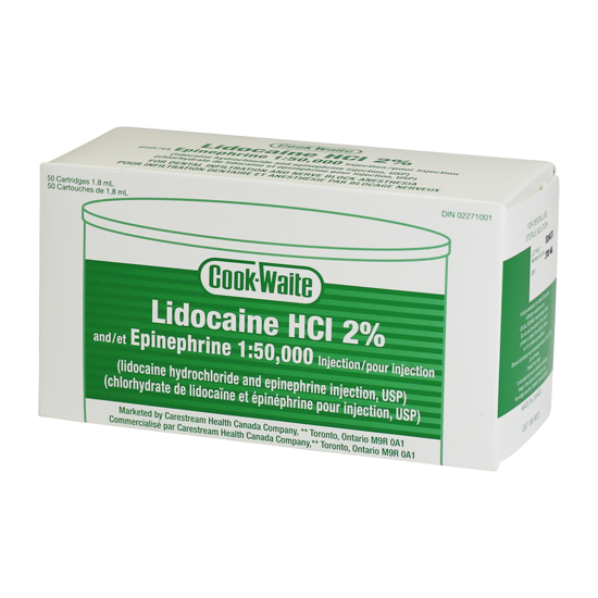 Picture of Cook-Waite Lidocaine HCl 2% w/ Epi 1:50,000, (Green) 50 1.7ml Carp/Bx