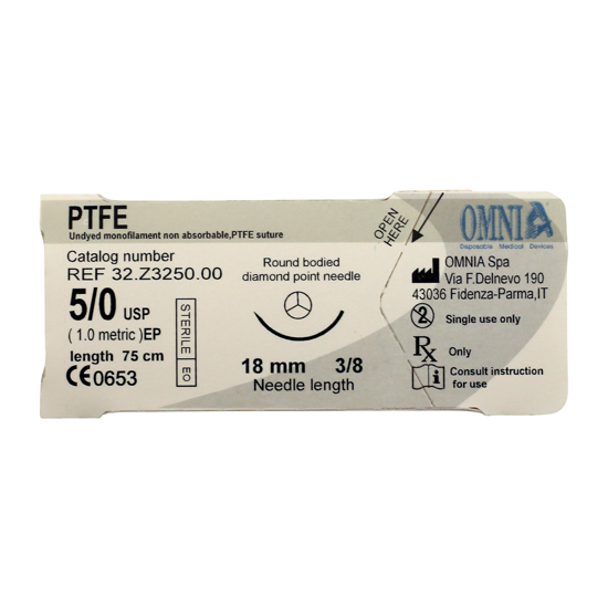 Picture of OMNIA® PTFE 5/0 Suture 75cm, Diamond Tip 18mm, 3/8, 12 Sutures/Bx